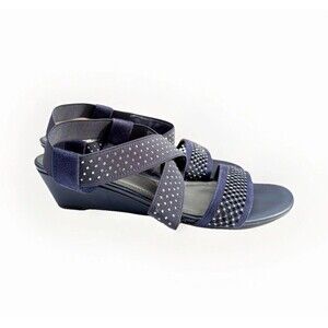 Coach and Four Womens Navy Blue Studded Cross Strap Low Wedge Sandals Size 6 M
